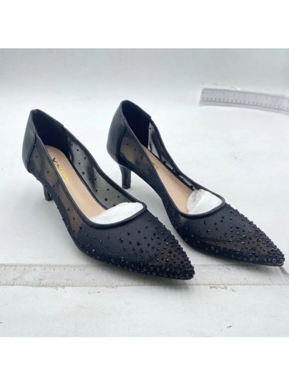 XYD Women's Pointed Closed Toe Slip On Graceful Mesh Pumps with Rhinestone Studs